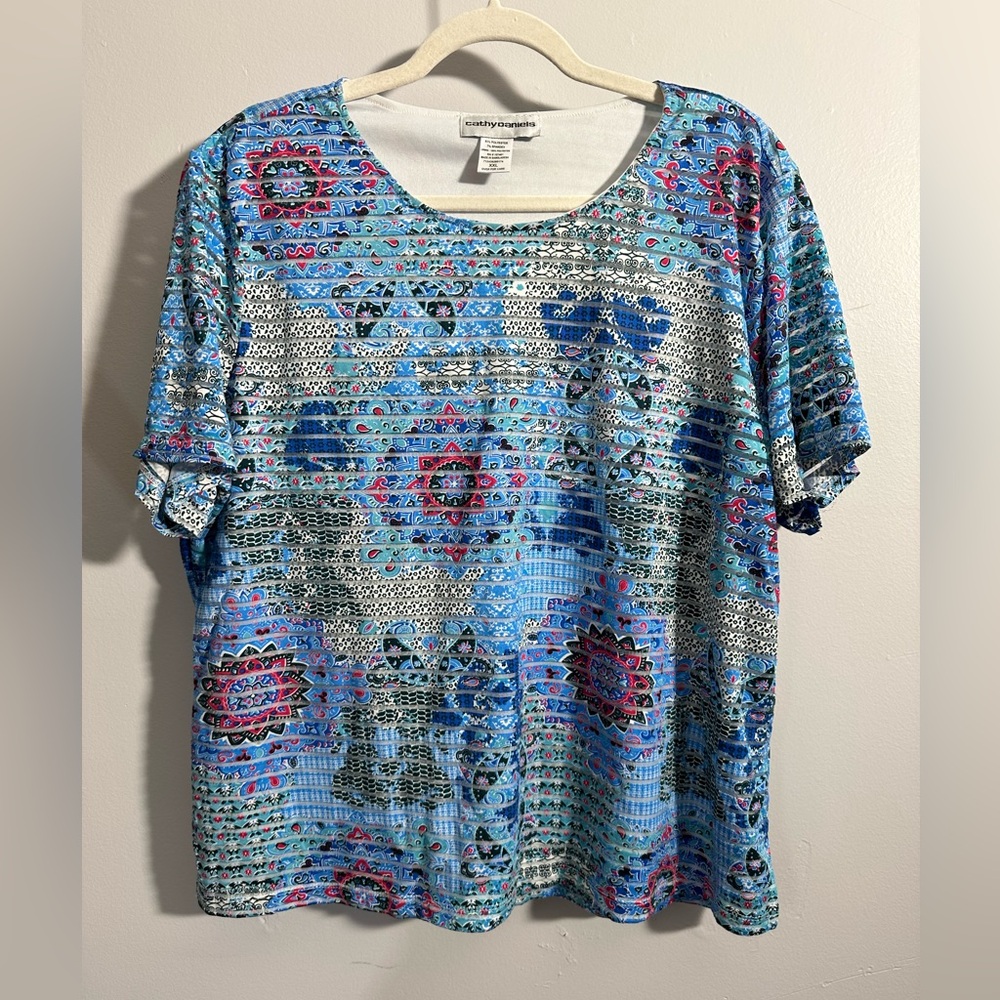 Cathy Daniels Women's XXL Blue‎ Print Short Sleeve Textured Blouse | SKU 0754